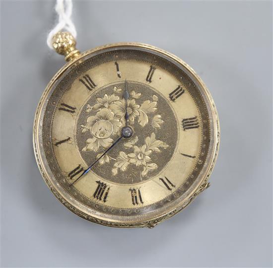 A continental engraved 14k pocket watch with Roman dial.